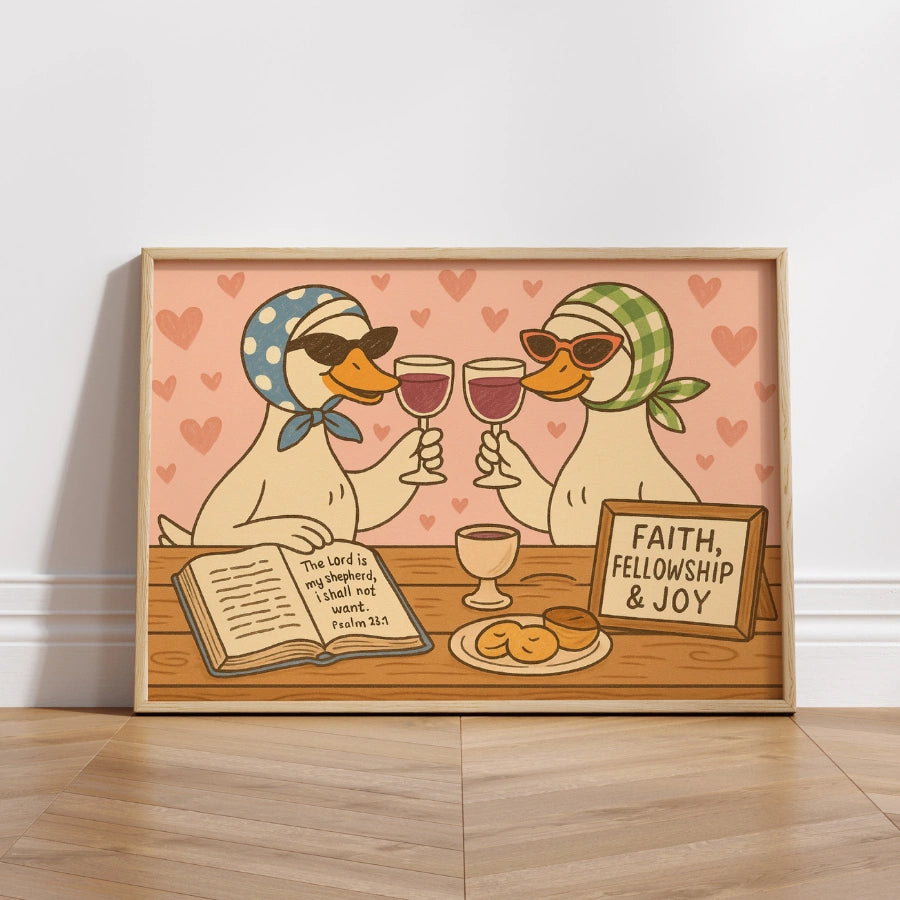 Biblical Ducks Drinking Wine Wall Art – Funny Christian Print