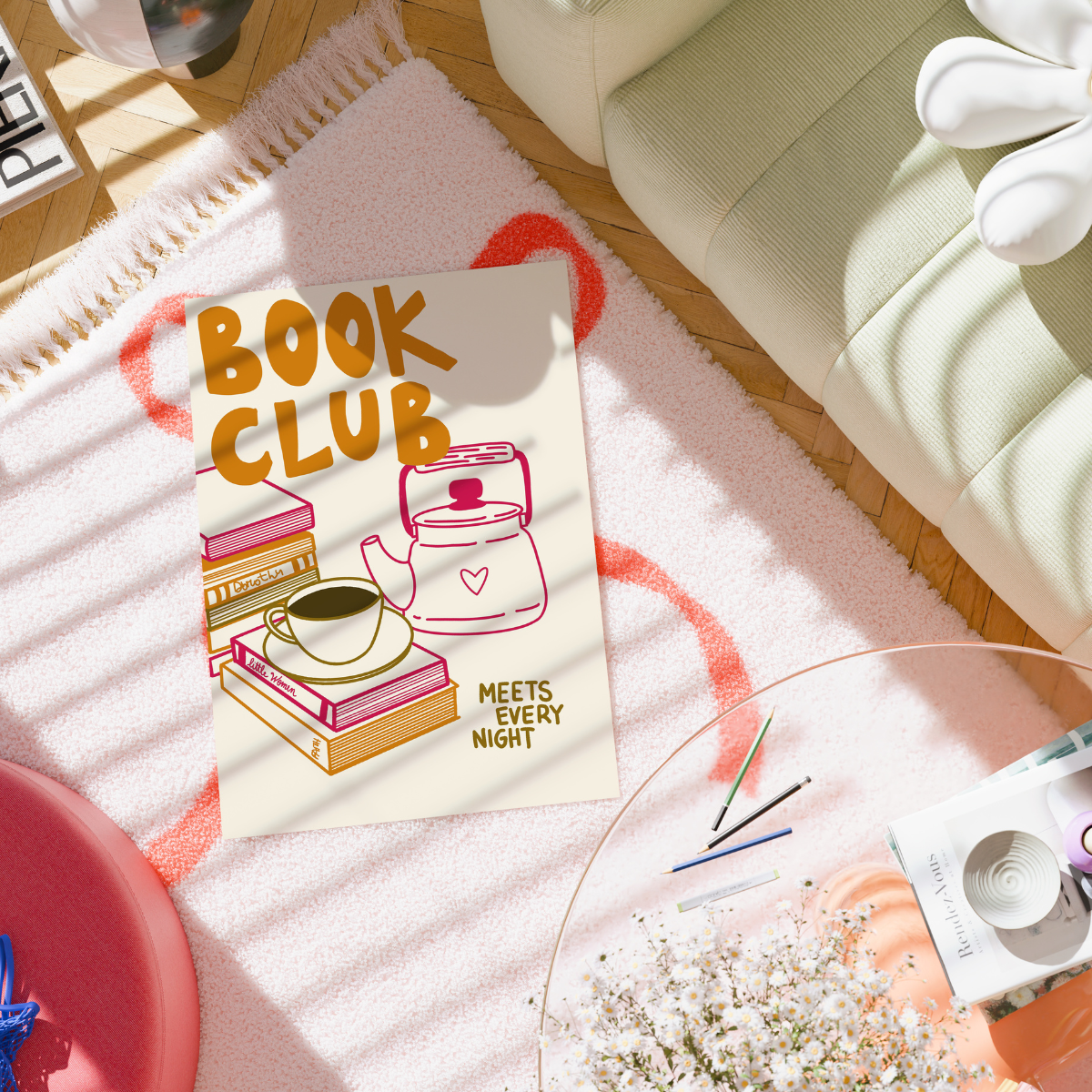 Book Club Print – Cozy Coffee & Book Stack Wall Art