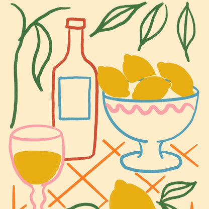 Lemon Still Life Boho Wall Art – Mediterranean Table Scene