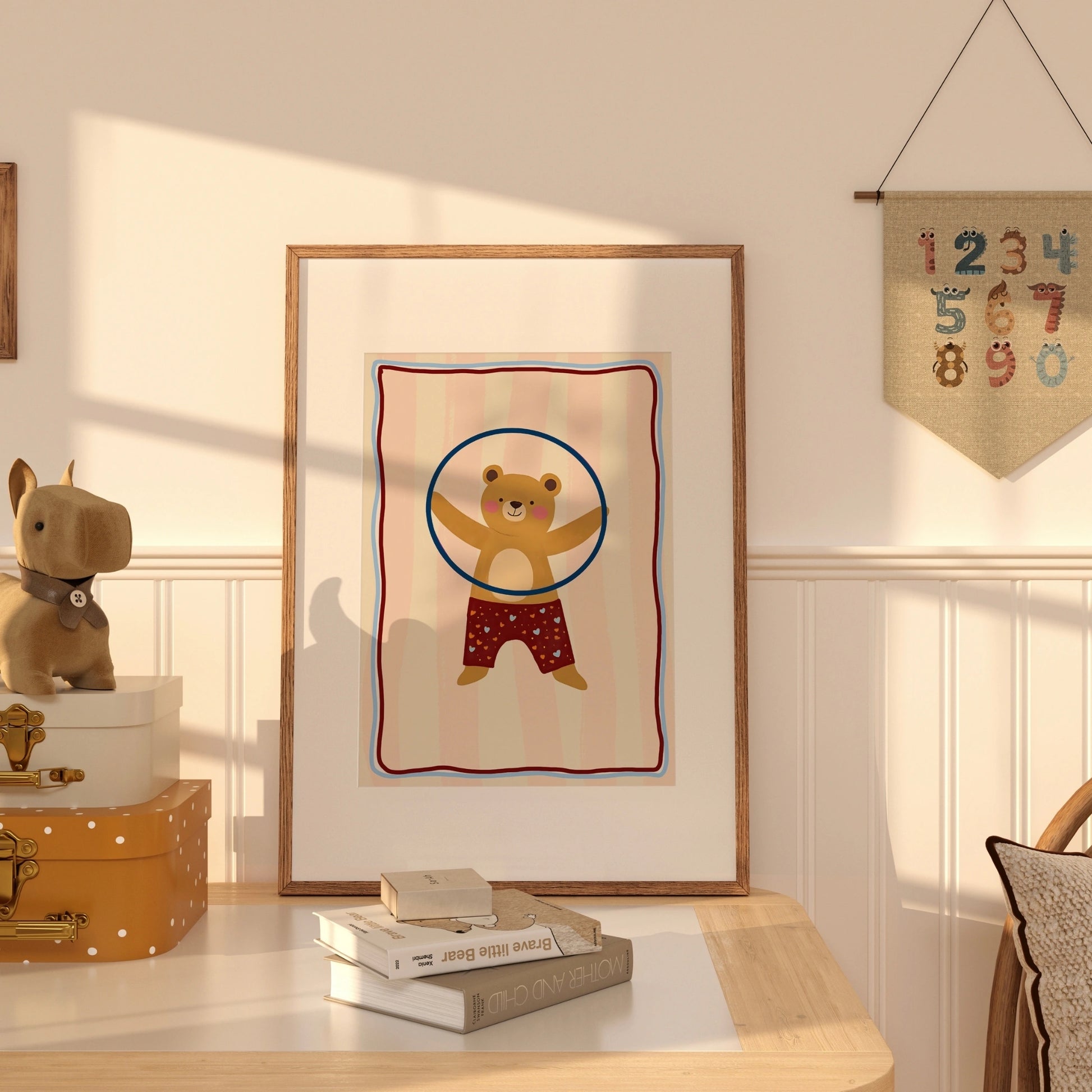 Hula Hoop Bear Wall Art – Playful Nursery Print