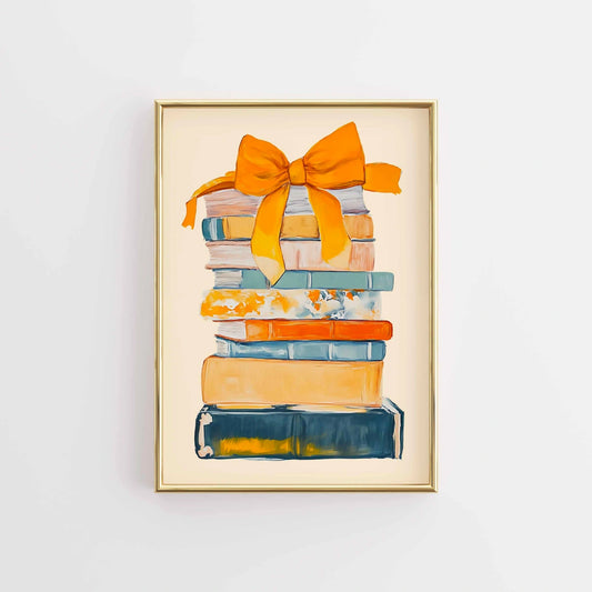 Book Stack with Orange Bow – Colorful Bookish Wall Art