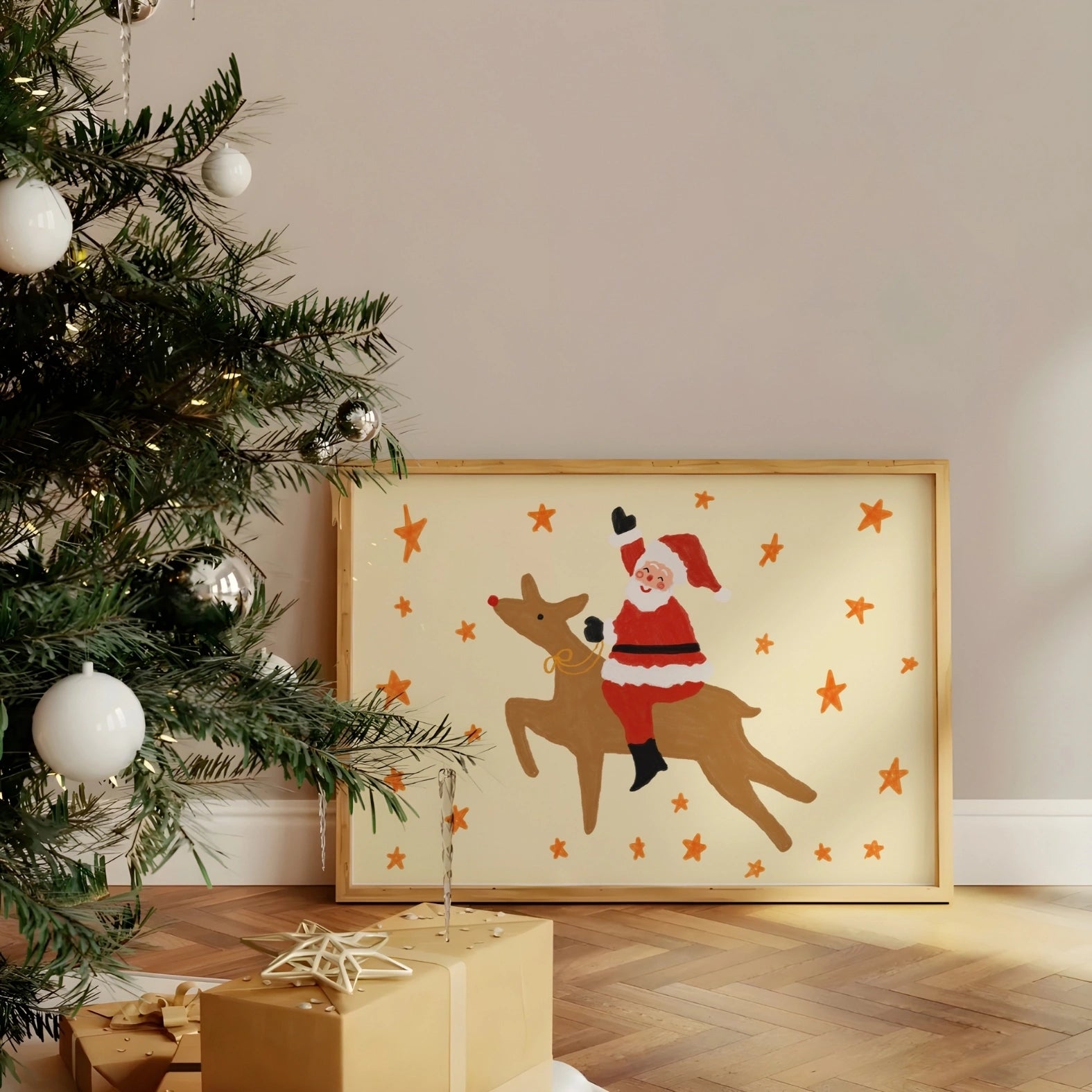 Santa and Reindeer Christmas Print