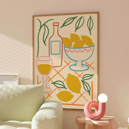 Lemon Still Life Boho Wall Art – Mediterranean Table Scene