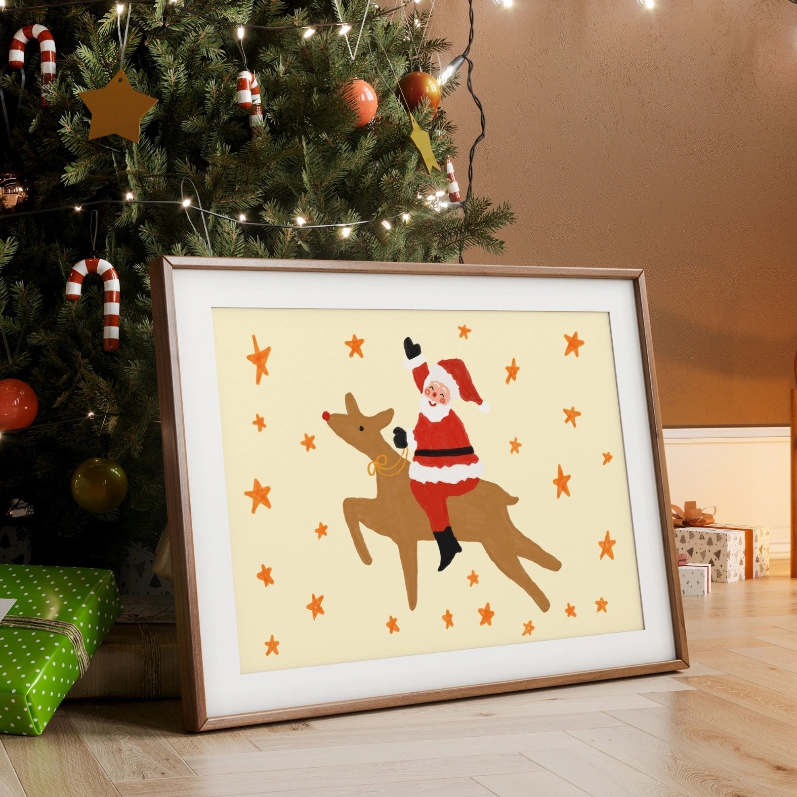 Santa and Reindeer Christmas Print