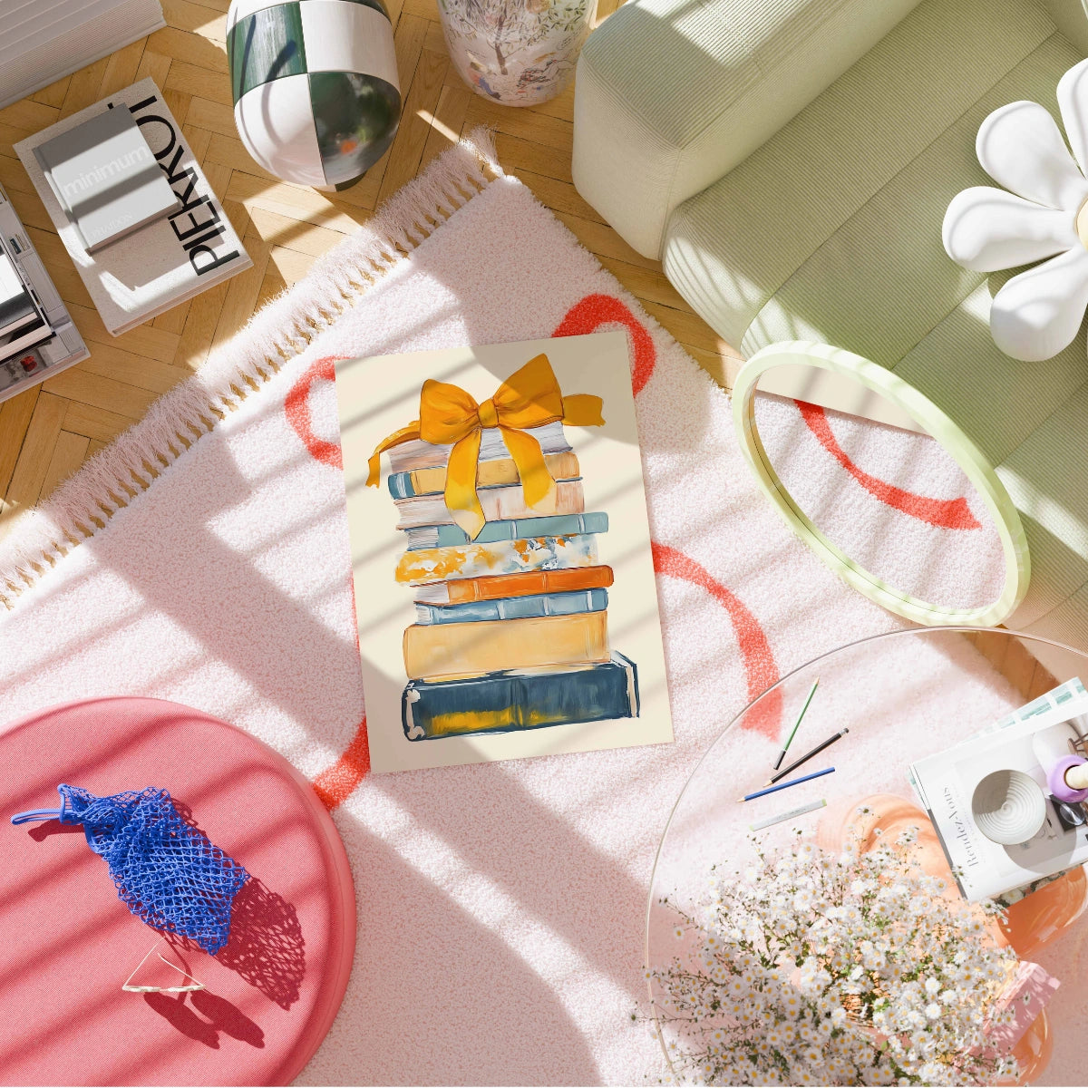 Book Stack with Orange Bow – Colorful Bookish Wall Art