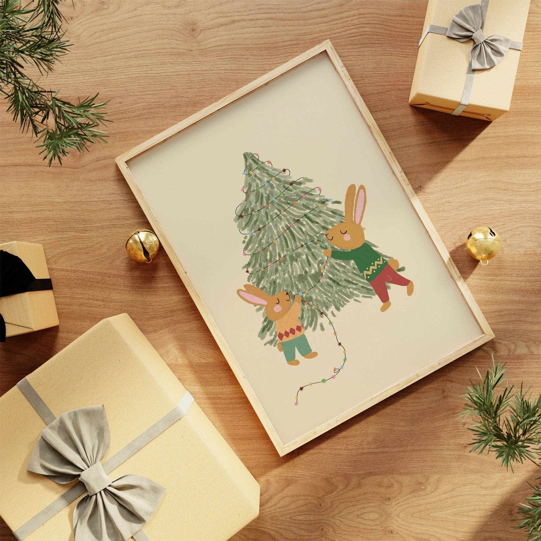 Stampa per cameretta dei bambini con albero di Natale coniglietto