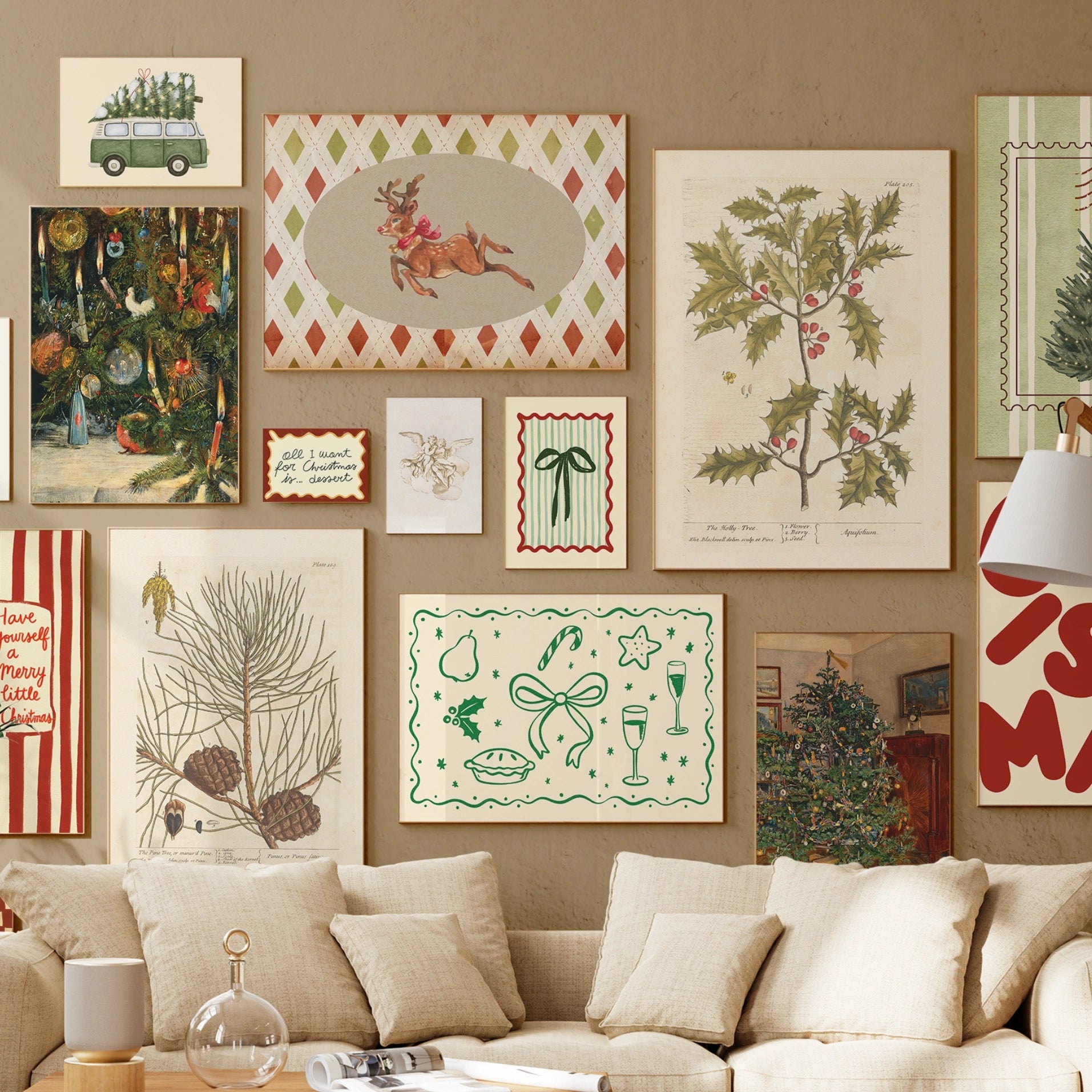 Set di 18 stampe natalizie vintage disegnate a mano