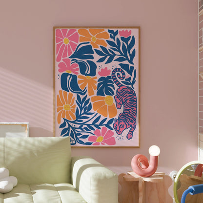 Floral Tiger Print – Bold Jungle Wall Art in Pink and Orange
