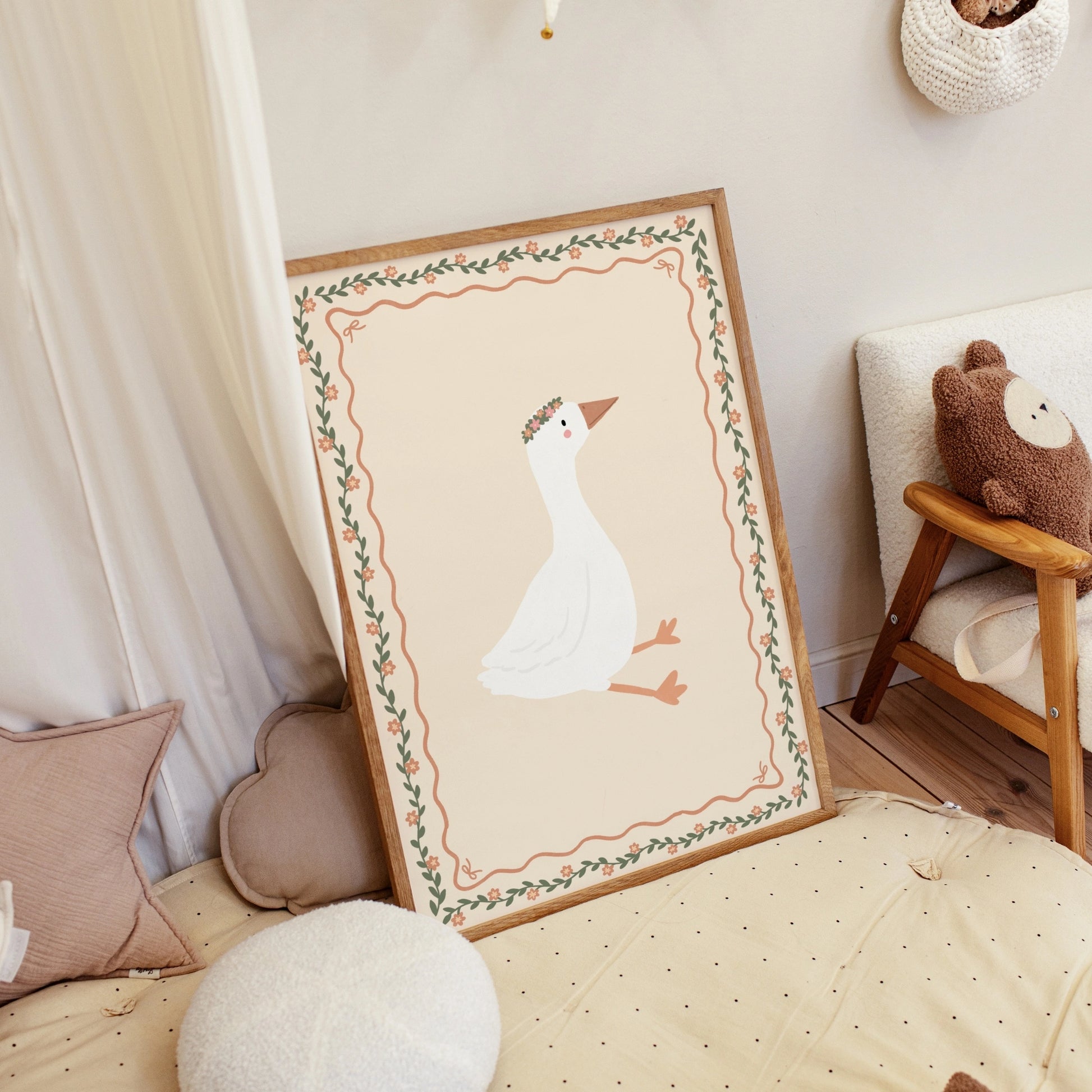 Floral Goose Nursery Wall Art, Whimsical Kids Decor