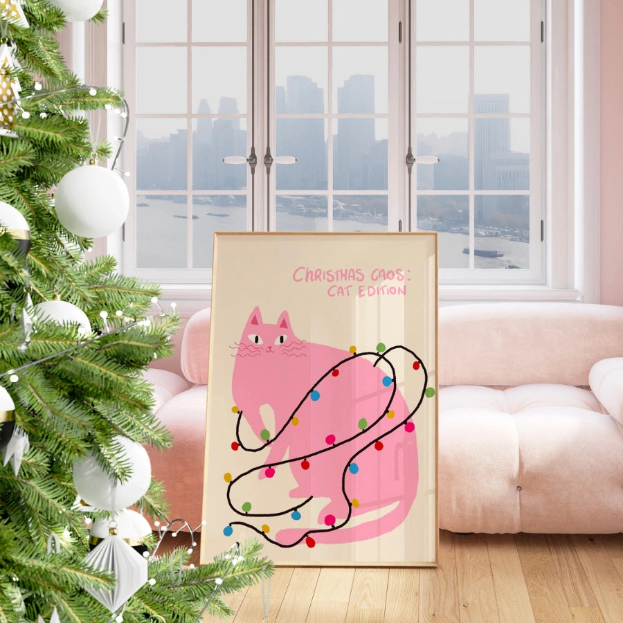 Christmas Chaos Cat – Funny Pink Christmas Wall Art