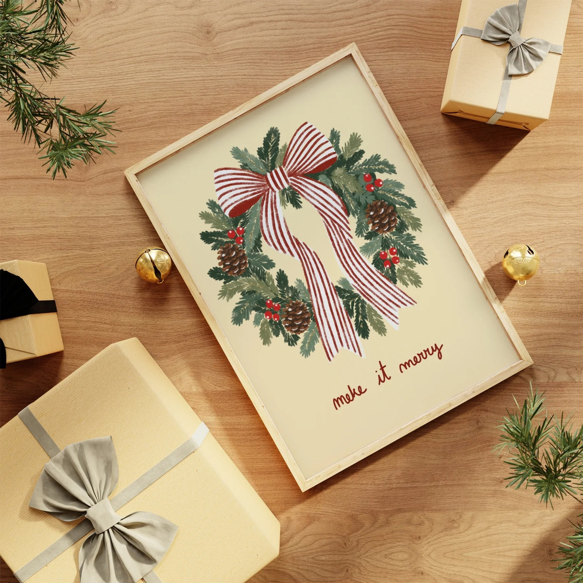Christmas Wreath with Striped Bow – Póster de Navidad
