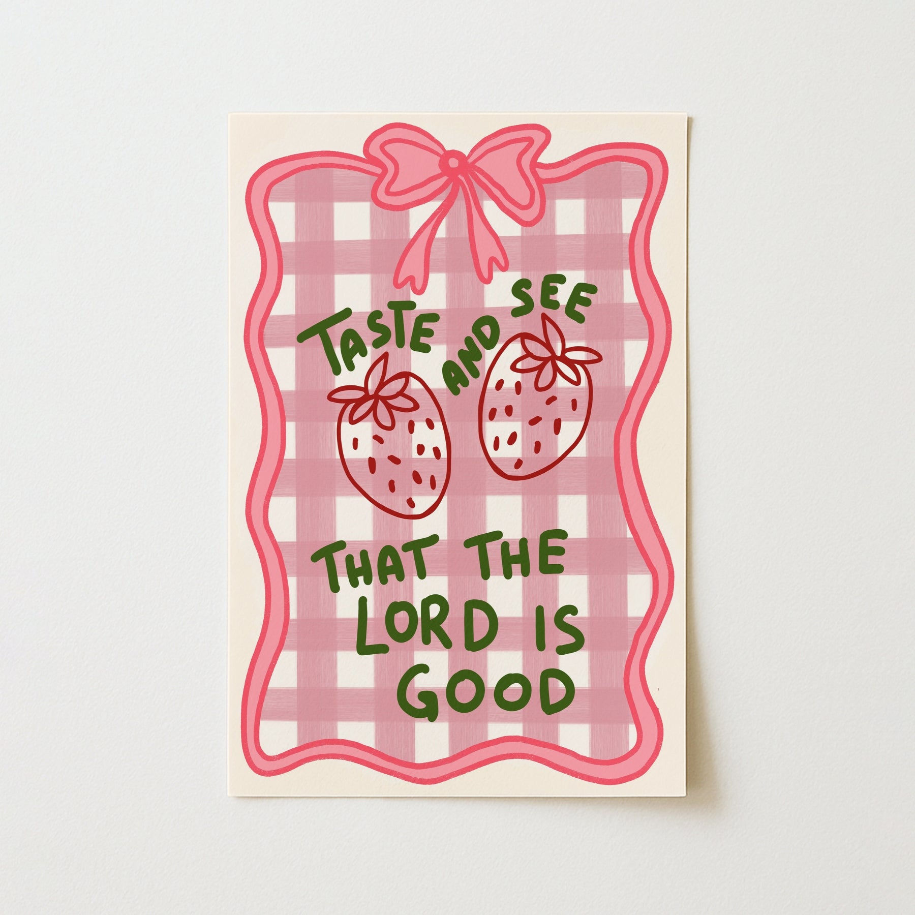 Arte murale cristiana "Assaggia e vedi" - Stampa di un grazioso versetto biblico con una fragola