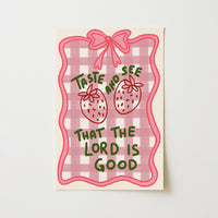 Arte murale cristiana "Assaggia e vedi" - Stampa di un grazioso versetto biblico con una fragola