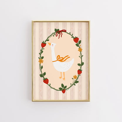 Goose and Strawberry Wall Art - Cottagecore Nursery Print