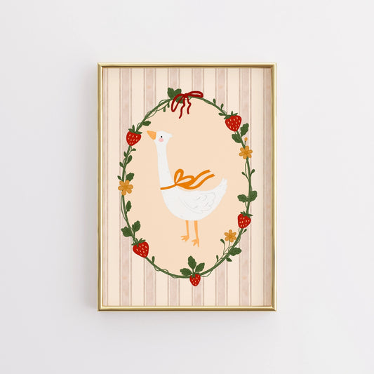 Goose and Strawberry Wall Art - Cottagecore Nursery Print