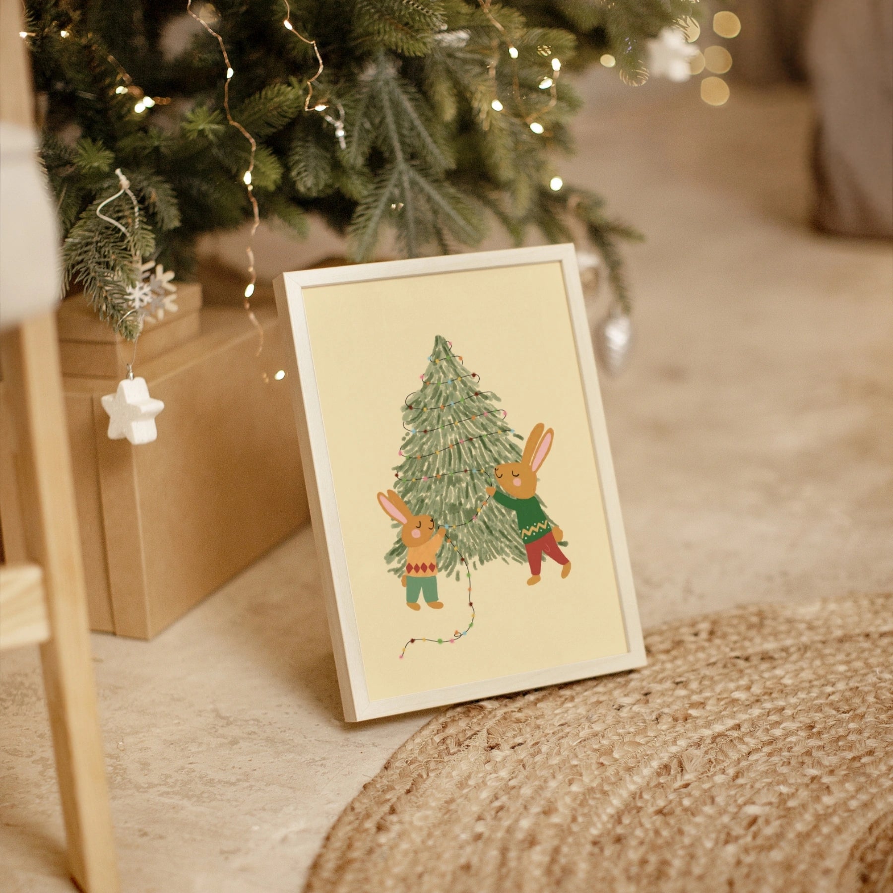 Stampa per cameretta dei bambini con albero di Natale coniglietto