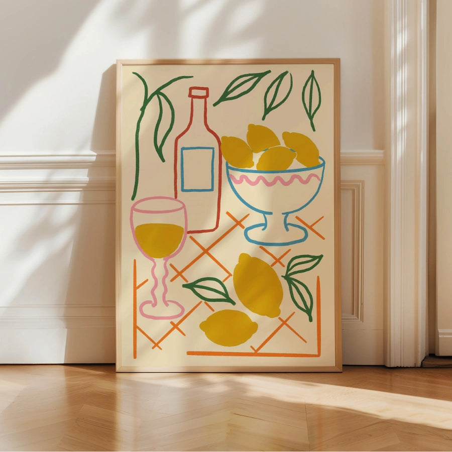 Lemon Still Life Boho Wall Art – Mediterranean Table Scene