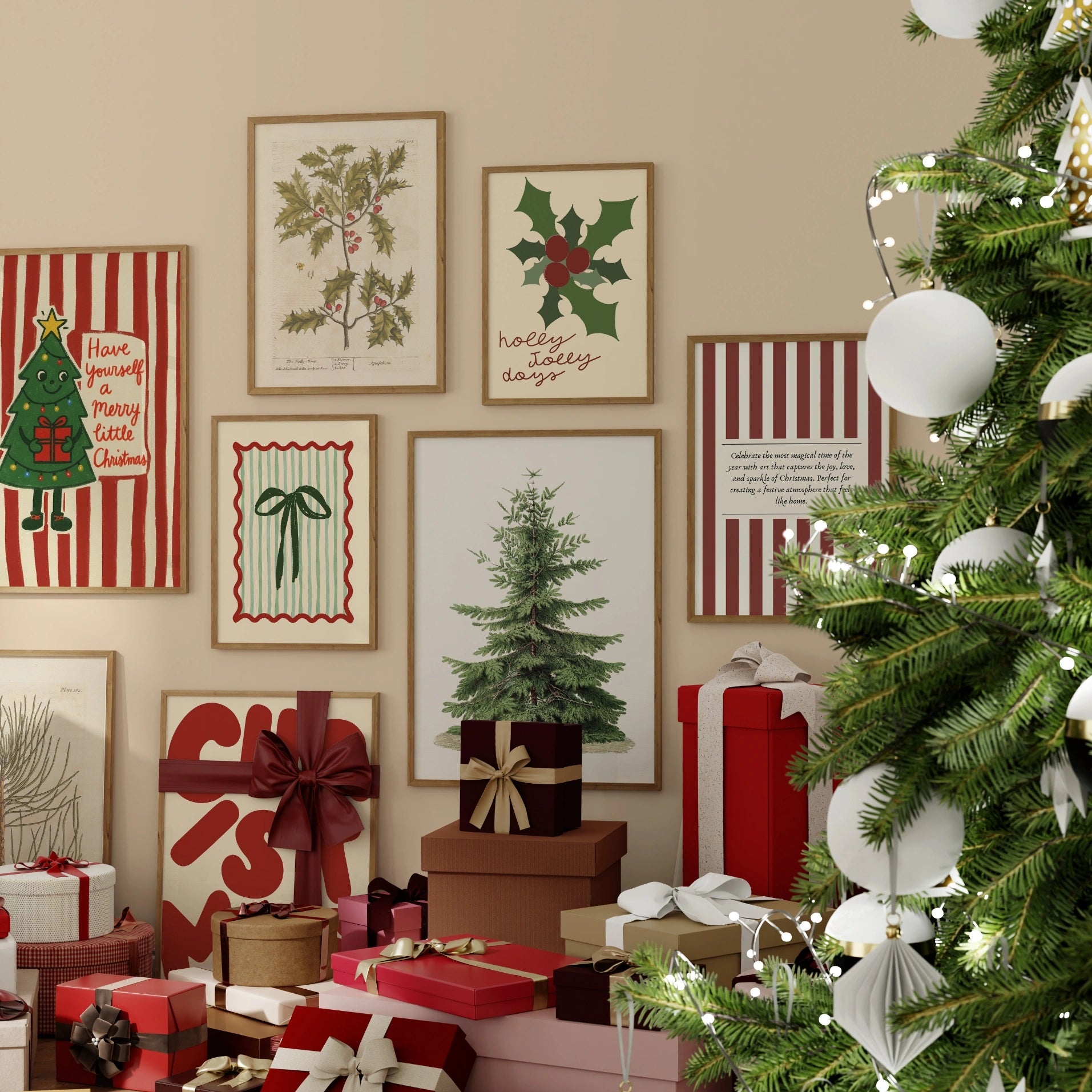 Set di 18 stampe natalizie vintage disegnate a mano