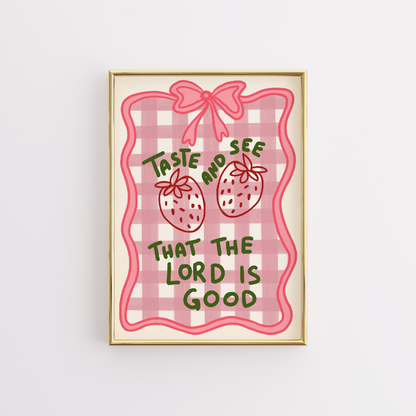 Taste and See Christian Wall Art – Cute Strawberry Bible Verse Print