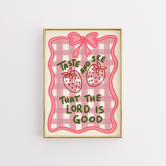 Taste and See Christian Wall Art – Cute Strawberry Bible Verse Print
