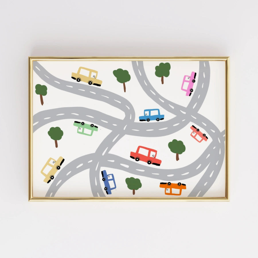 Cars on the Road Nursery Print – Cute Vehicle Wall Art for Kids
