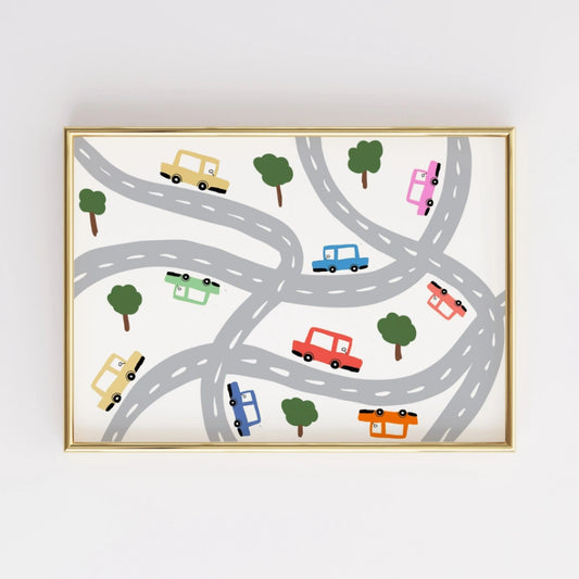 Cars on the Road Nursery Print – Cute Vehicle Wall Art for Kids