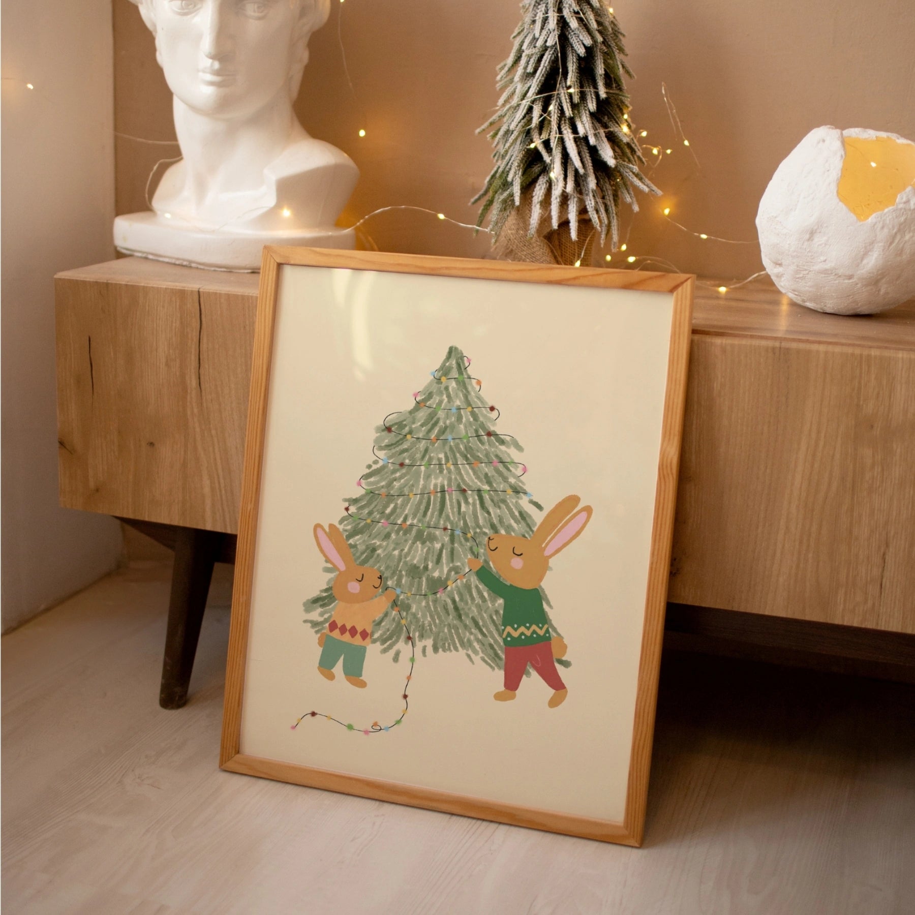 Stampa per cameretta dei bambini con albero di Natale coniglietto