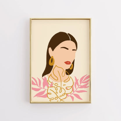 Golden Muse Boho Wall Art – Feminine Botanical Portrait