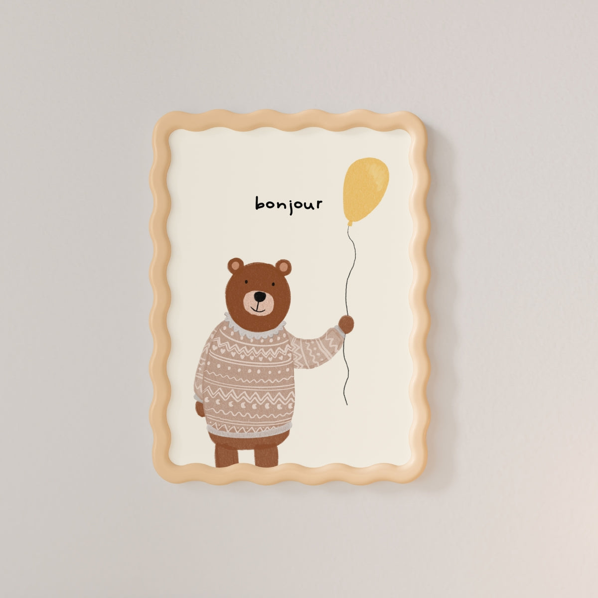 Stampa da parete orsetto "Bonjour" – Simpatica stampa per cameretta con maglione e palloncino, decorazione per la cameretta dei maschietti