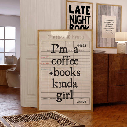 Coffee and Books Girl Print – Vintage Library Wall Art
