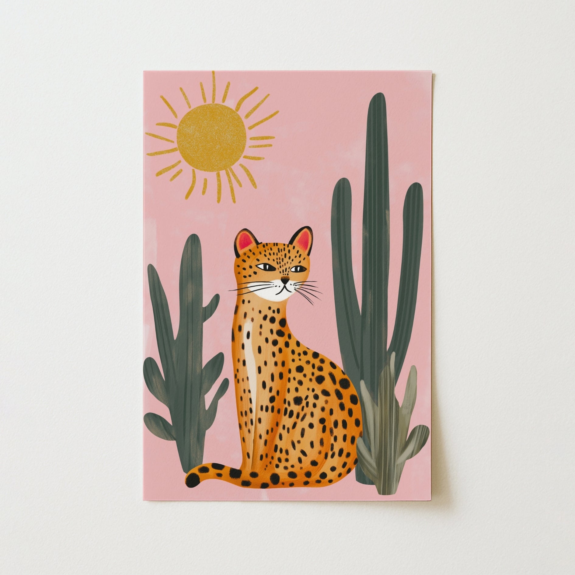Cactus Jungle Leopard Wall Art Print - Pink Summer Animal Poster