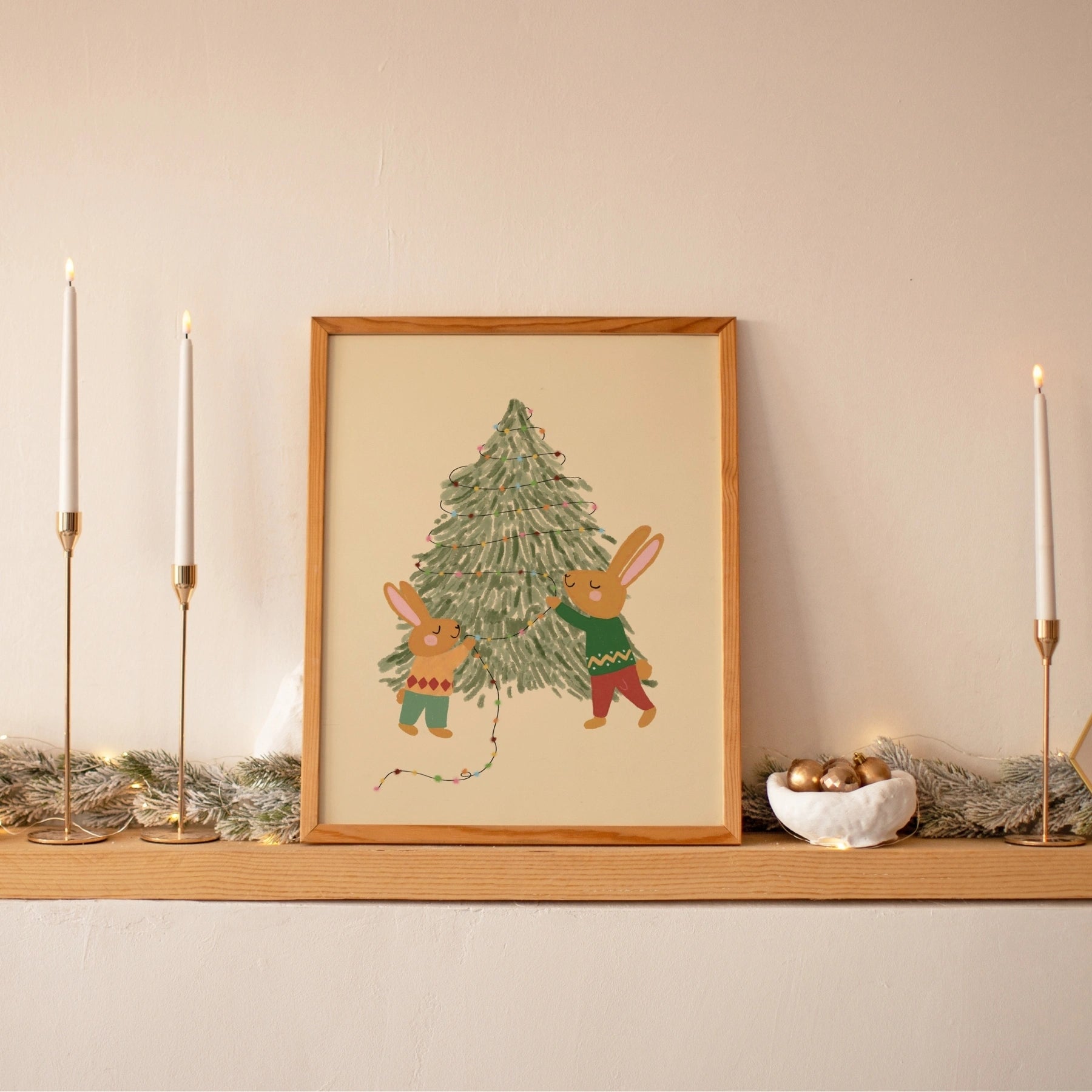 Stampa per cameretta dei bambini con albero di Natale coniglietto