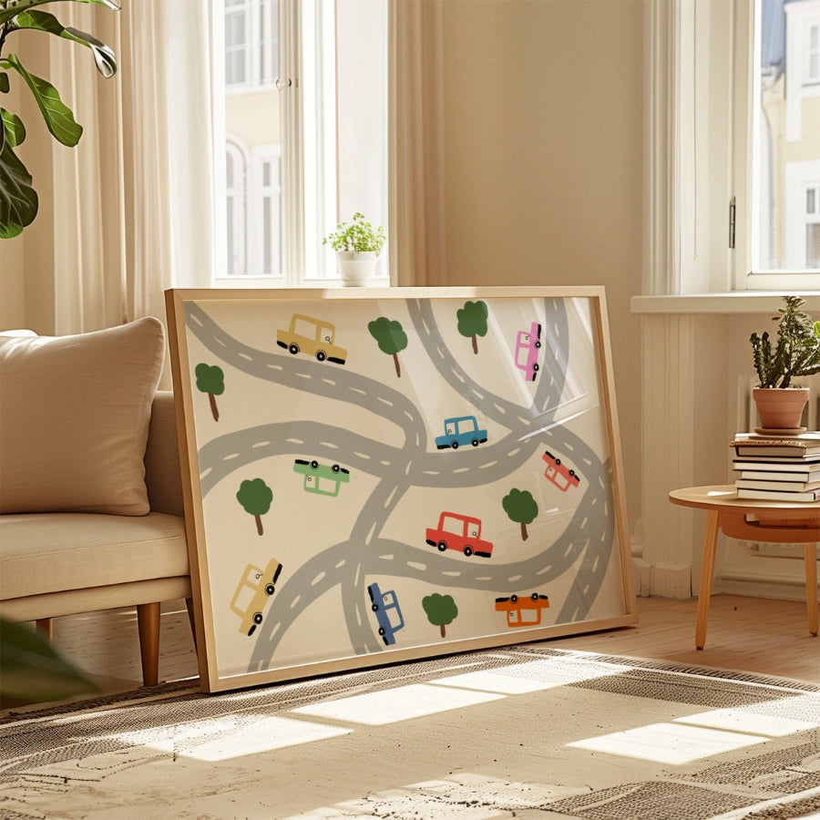Cars on the Road Nursery Print – Cute Vehicle Wall Art for Kids