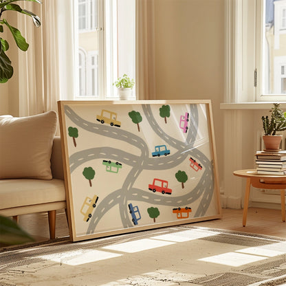 Cars on the Road Nursery Print – Cute Vehicle Wall Art for Kids