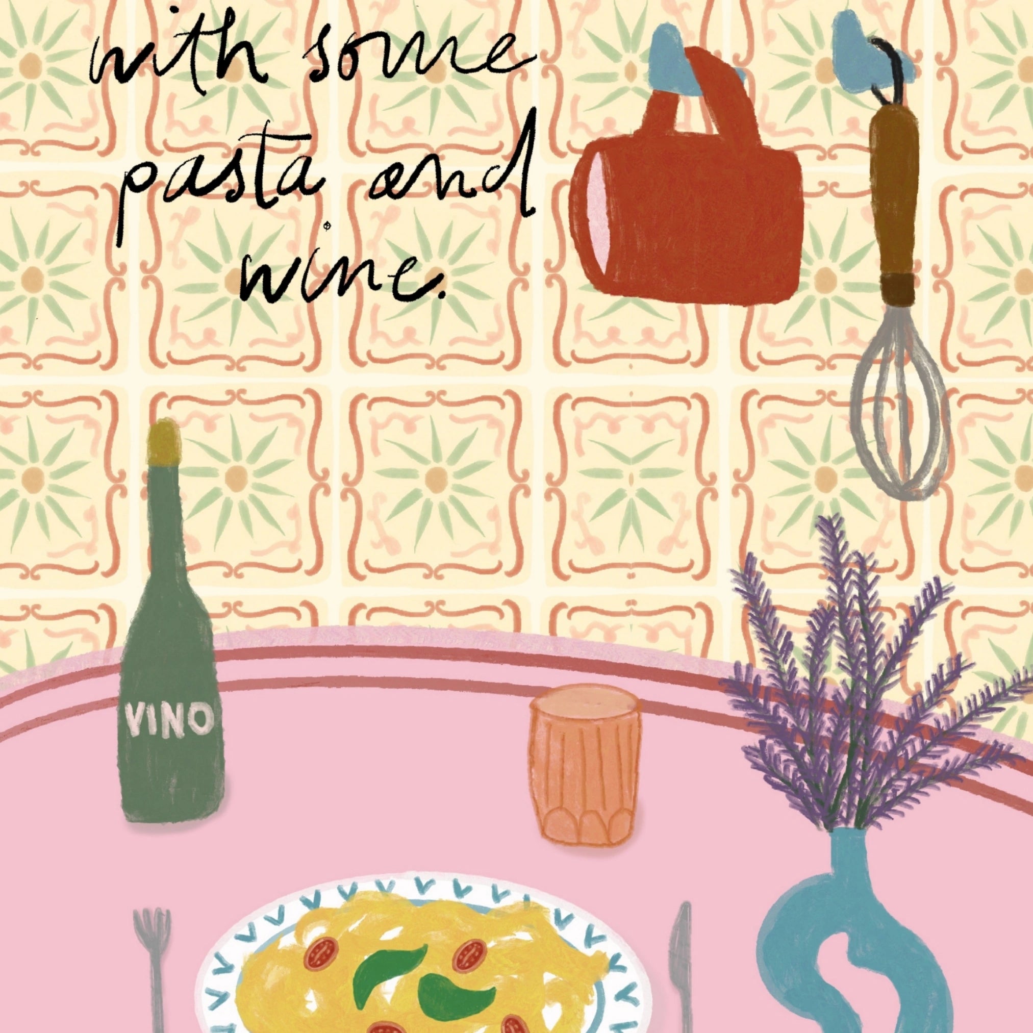 Decorazione murale per la tavola da pranzo italiana – Stampa di pasta, vino e cucina