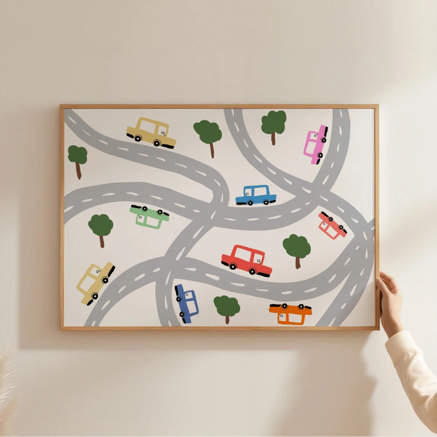 Cars on the Road Nursery Print – Cute Vehicle Wall Art for Kids