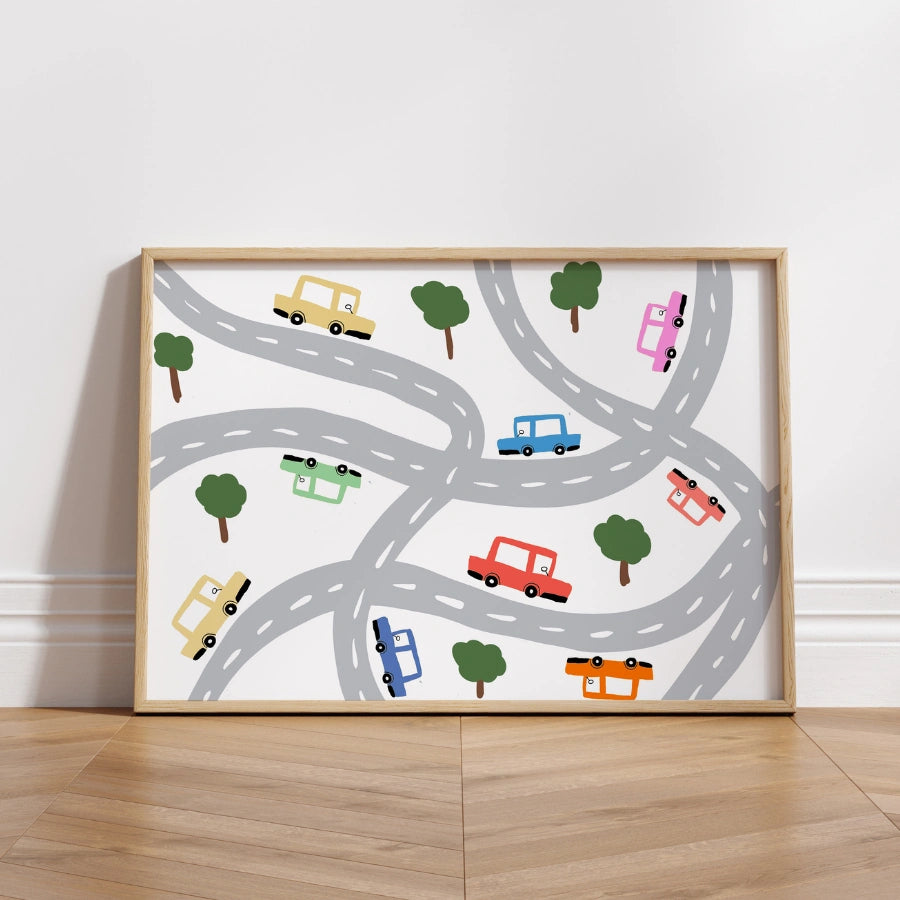 Cars on the Road Nursery Print – Cute Vehicle Wall Art for Kids