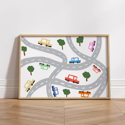 Cars on the Road Nursery Print – Cute Vehicle Wall Art for Kids