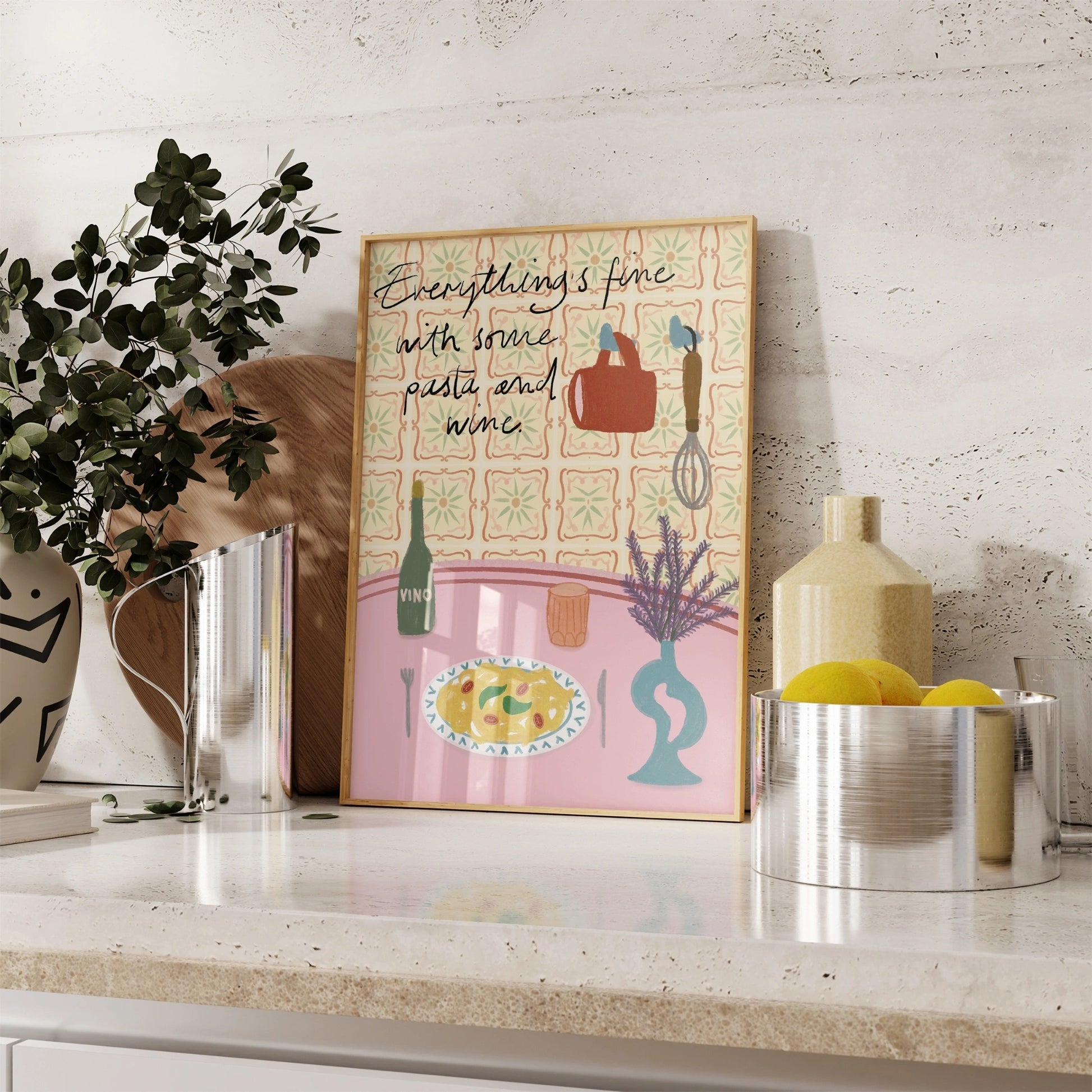 Decorazione murale per la tavola da pranzo italiana – Stampa di pasta, vino e cucina