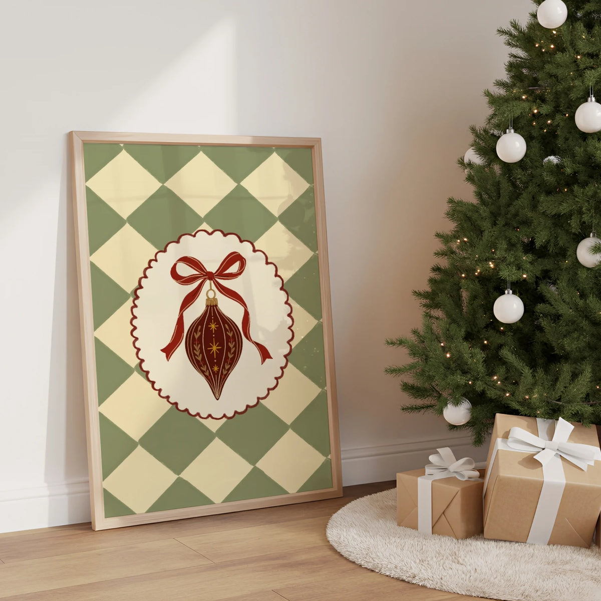 Vintage Christmas Ornament with Red Bow – Póster de Navidad