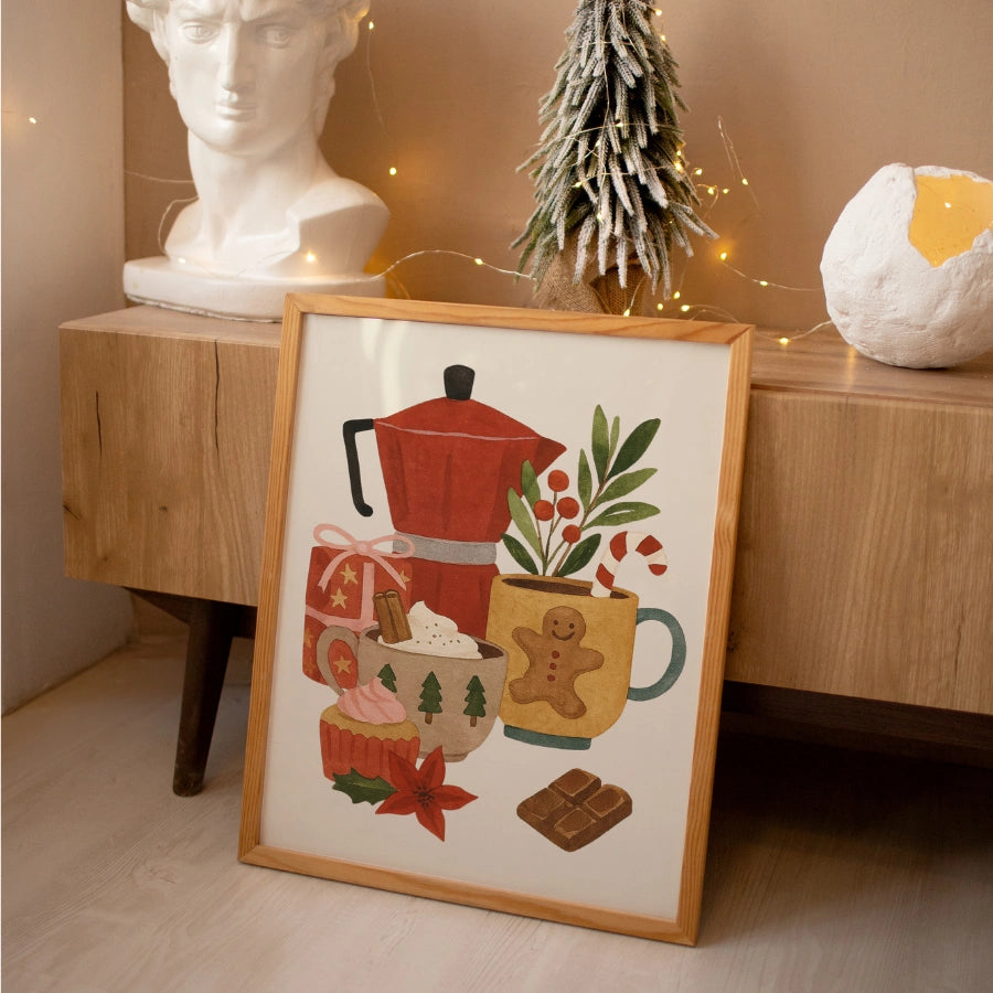Décoration murale de Noël pour bar à café – Impression de cuisine de vacances dessinée à la main