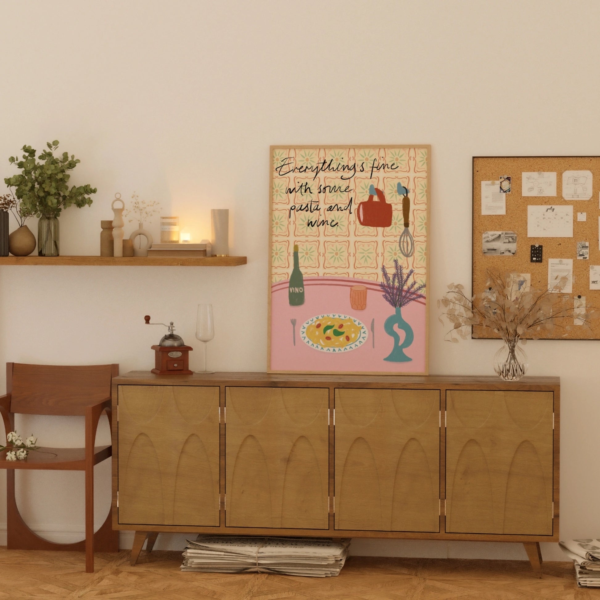 Decorazione murale per la tavola da pranzo italiana – Stampa di pasta, vino e cucina