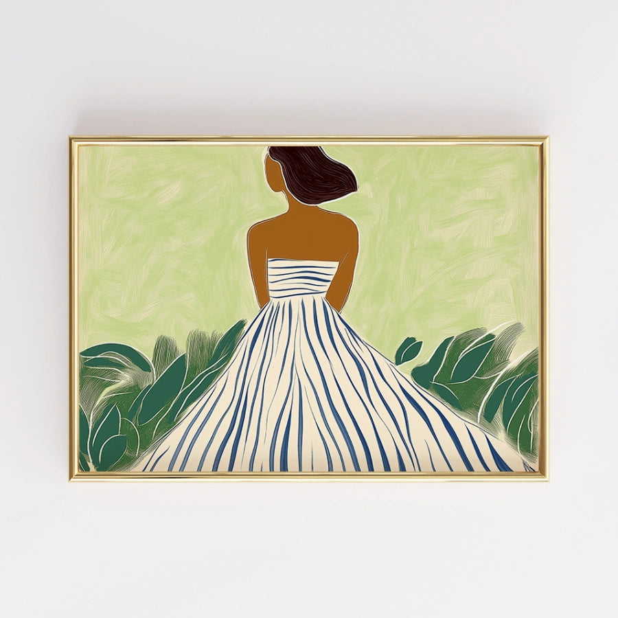 Elegant Woman in Striped Dress Wall Art – Modern Boho Female Print