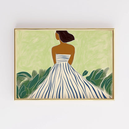 Elegant Woman in Striped Dress Wall Art – Modern Boho Female Print