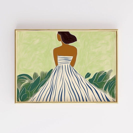 Elegant Woman in Striped Dress Wall Art – Modern Boho Female Print