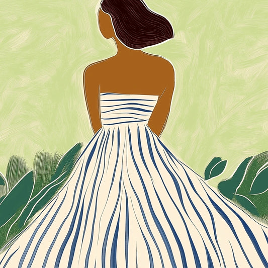 Elegant Woman in Striped Dress Wall Art – Modern Boho Female Print
