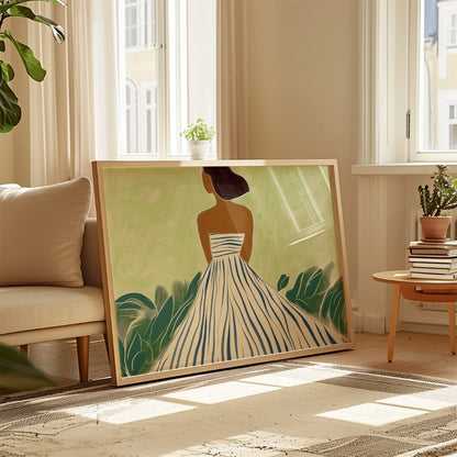 Elegant Woman in Striped Dress Wall Art – Modern Boho Female Print
