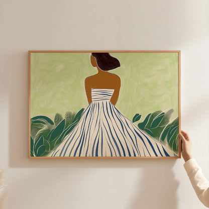Elegant Woman in Striped Dress Wall Art – Modern Boho Female Print