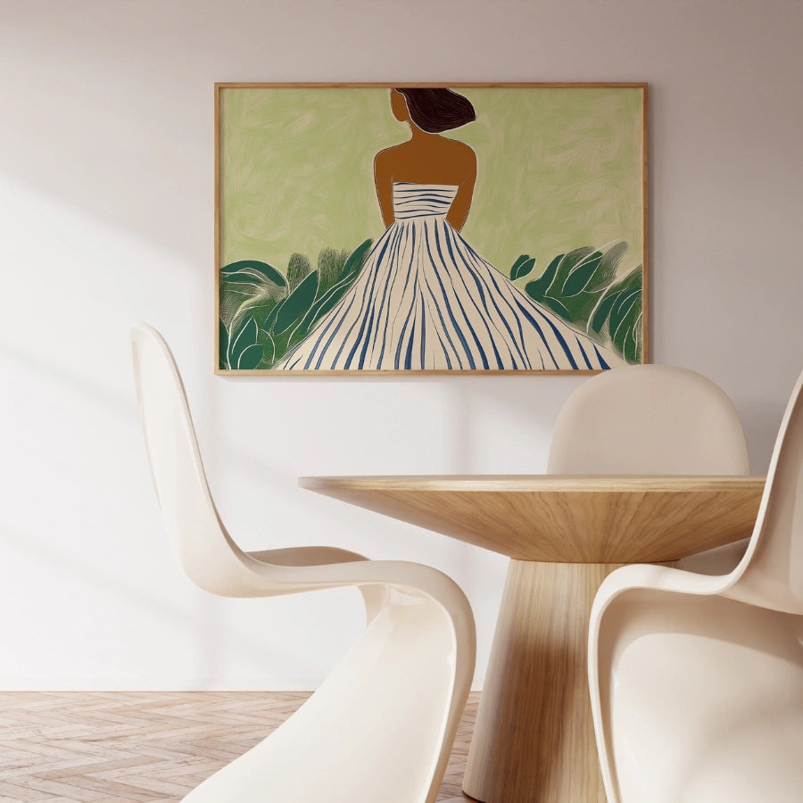 Elegant Woman in Striped Dress Wall Art – Modern Boho Female Print