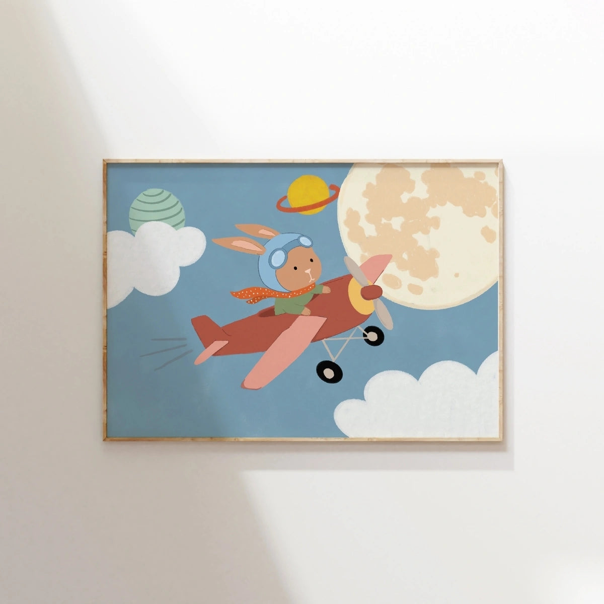 Bunny Airplane Space Nursery Wall Art, Space Nursery Decor